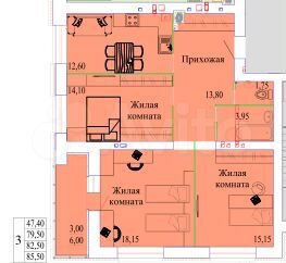 3-к. квартира, 85,5 м², 3/9 эт.