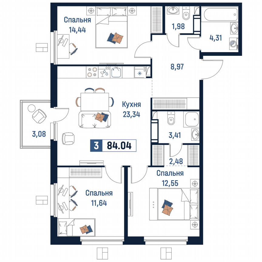 3-к. квартира, 84 м², 6/18 эт.