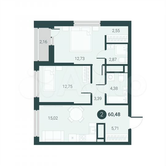 2-к. квартира, 60,5 м², 13/14 эт.