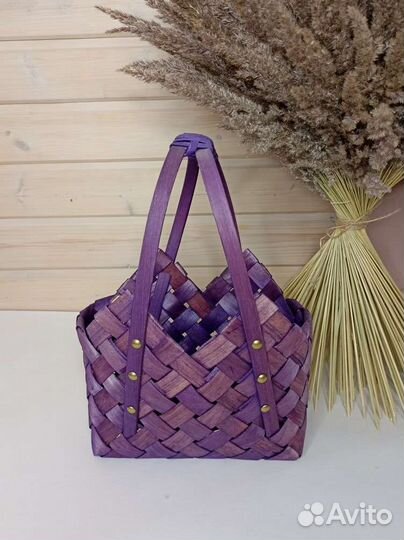 Новая корзина плетёная из бересты фиолетовая декор