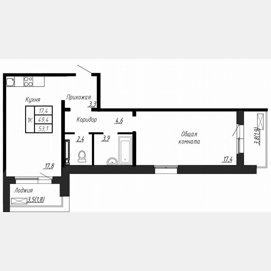 1-к. квартира, 53,1 м², 14/17 эт.