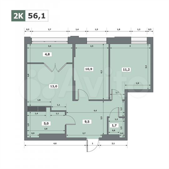 2-к. квартира, 56,1 м², 10/15 эт.