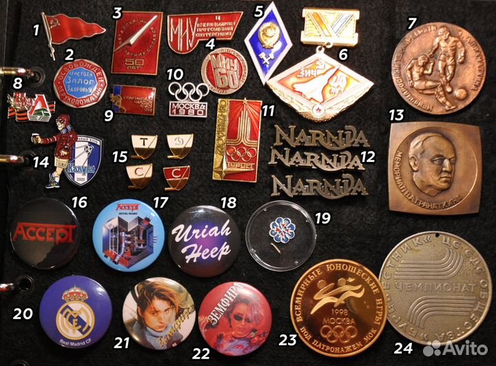 Значка на разные темы: спорт, олимпиада, музыка