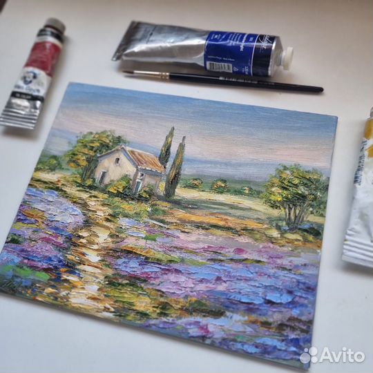Картина маслом пейзаж Прованс лаванда цветы дом