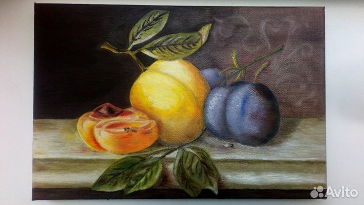Натюрморт с персиками и черносливом, Холст, масло
