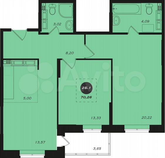 2-к. квартира, 70,3 м², 16/22 эт.