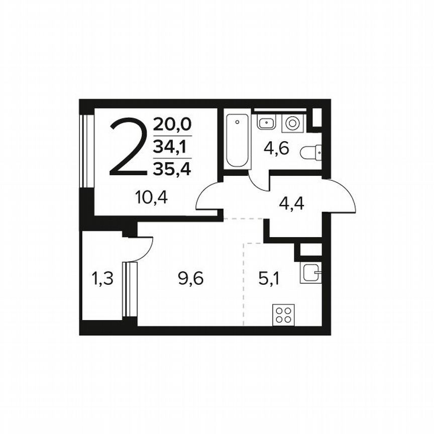 2-к. квартира, 35,4 м², 1/12 эт.