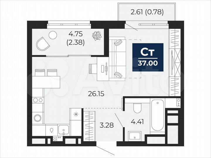 Квартира-студия, 37 м², 2/21 эт.