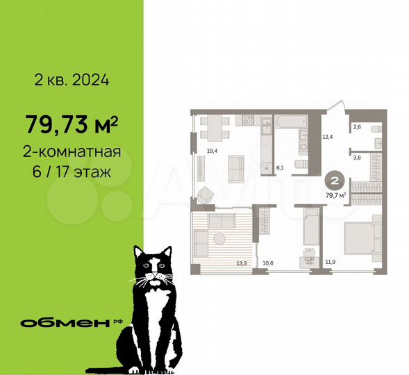 2-к. квартира, 79,7 м², 6/17 эт.