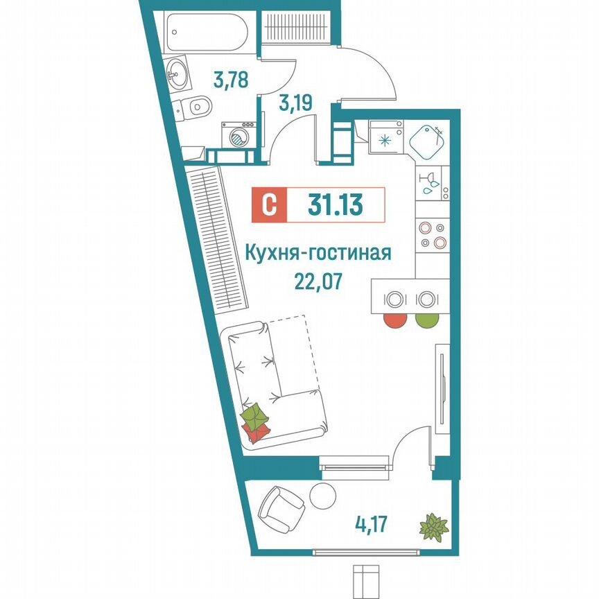 Квартира-студия, 31,1 м², 16/18 эт.