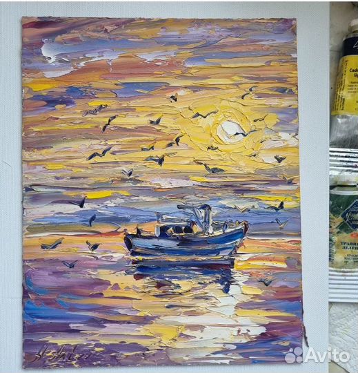 Картина маслом пейзаж с лодкой закат солнце море