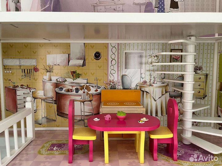 Деревянный кукольный домик для барби с мебелью