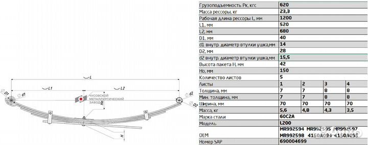 Рессора задняя для Mitsubishi L200 5 листов