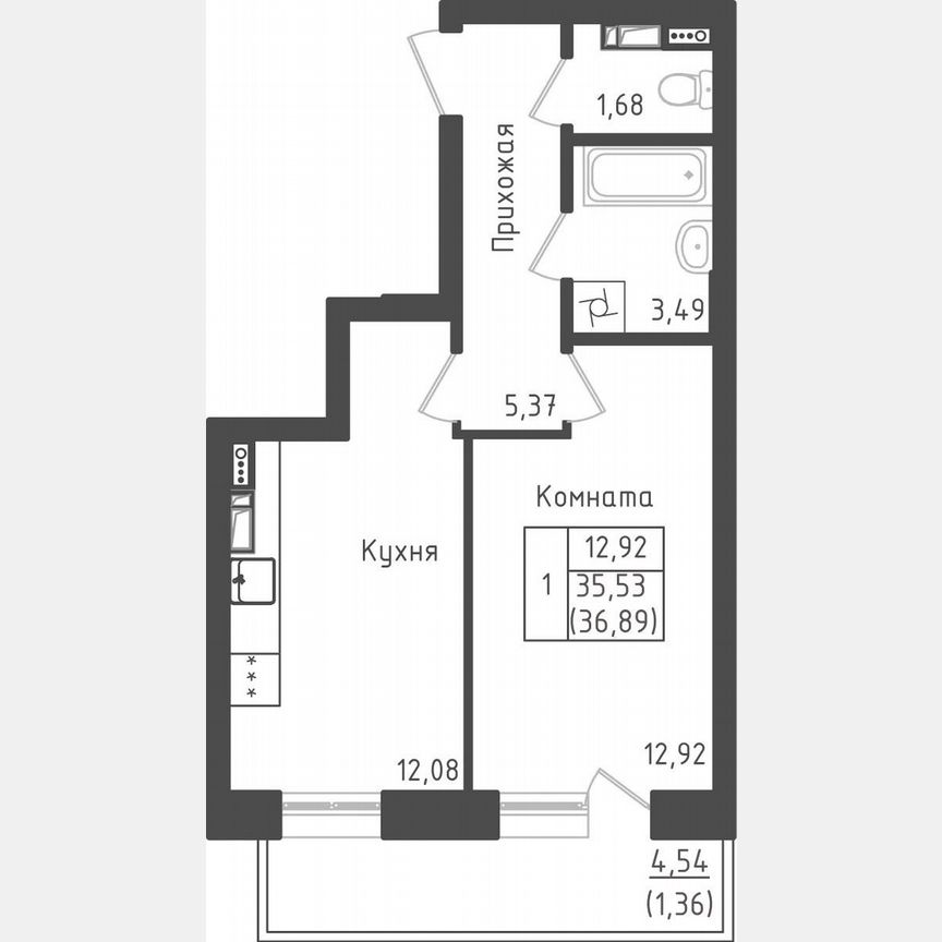 1-к. квартира, 36,9 м², 4/5 эт.