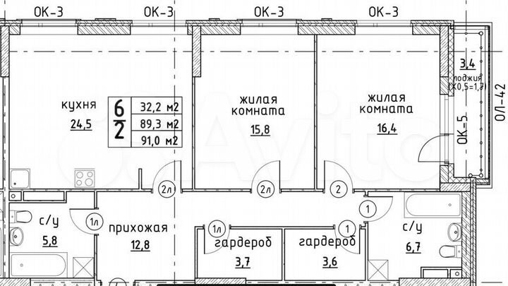 3-к. квартира, 91 м², 5/6 эт.