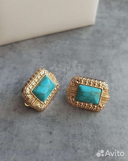 Серьги Клипсы под винтаж с бирюзовым камнем