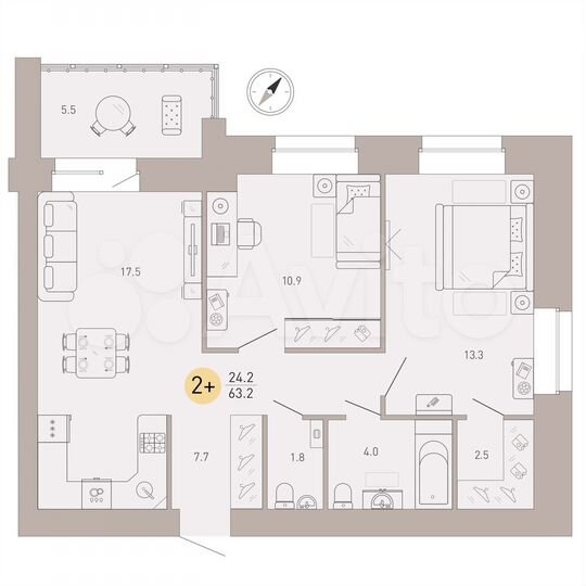 2-к. квартира, 63,2 м², 3/9 эт.