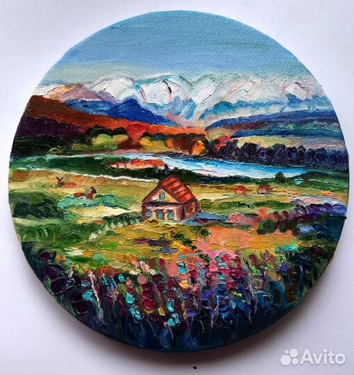 Картина маслом В горах холст круглый20 см на 20 см