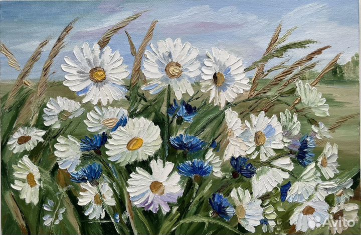 Картина маслом ромашки и васильки
