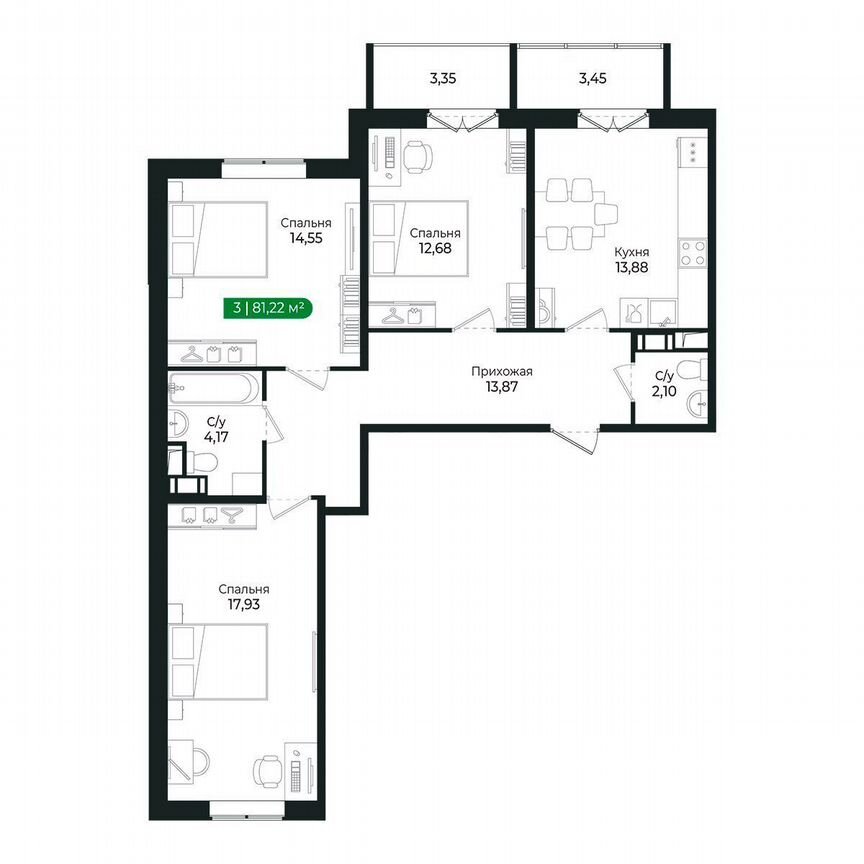 3-к. квартира, 81,2 м², 4/8 эт.