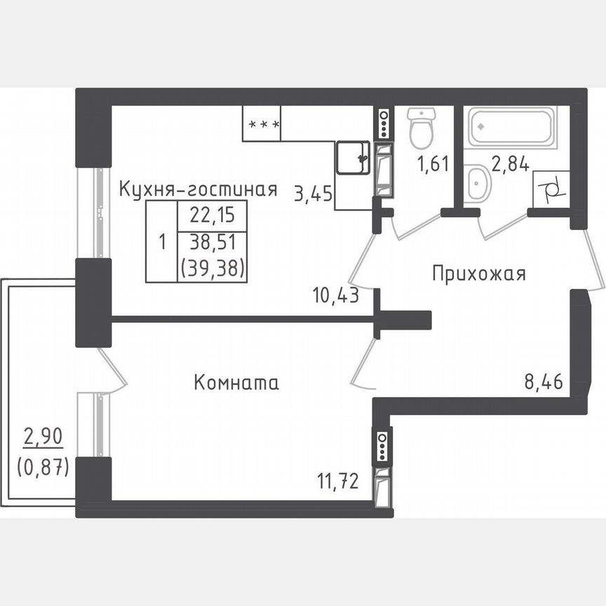 1-к. квартира, 39,4 м², 5/5 эт.