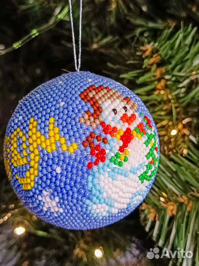 Елочные игрушка шар бисер Снеговик