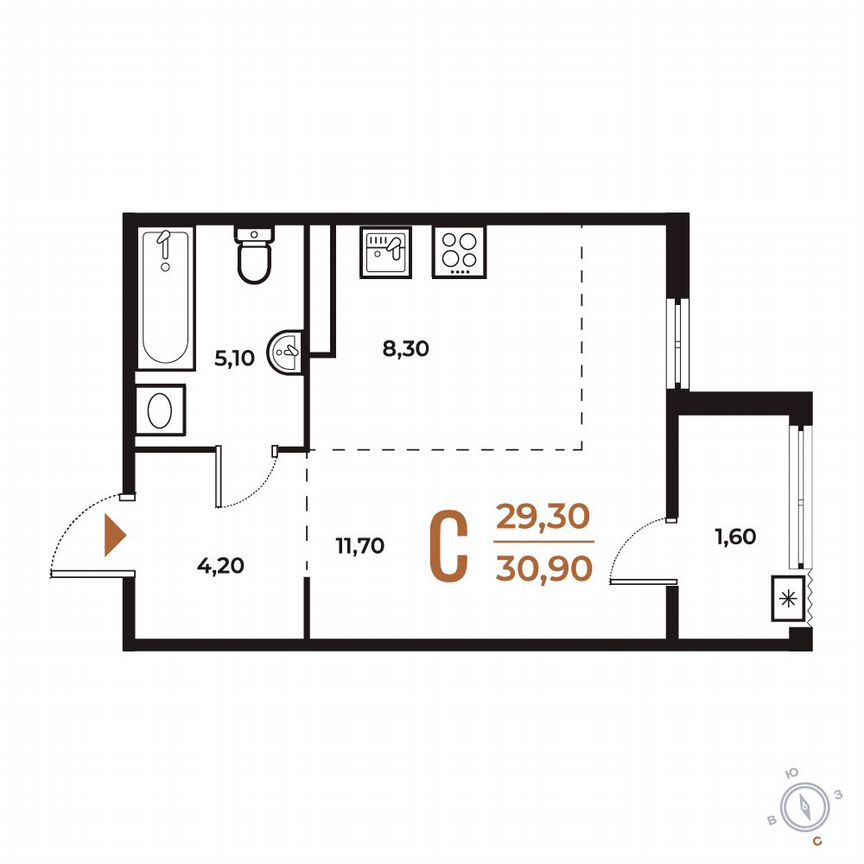 Квартира-студия, 30,9 м², 5/8 эт.