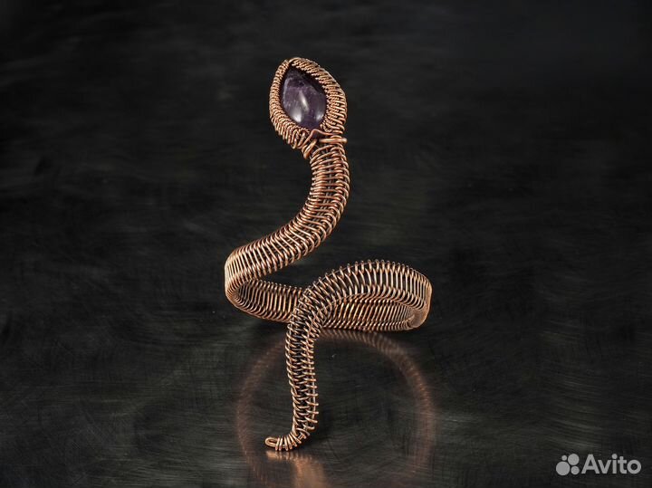 Кафф браслет Змея Аметист Медь Ручная работа