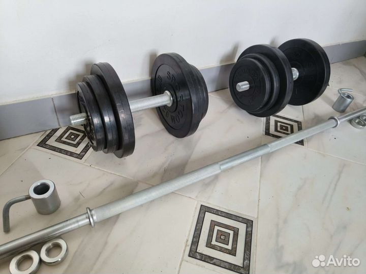 Гантели+ штанга 44 кг обрезиненные диски