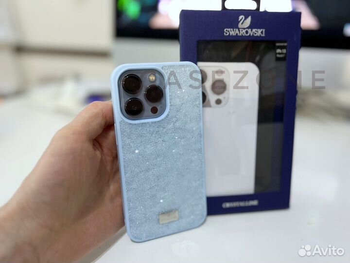 Голубой чехол swarovski iPhone 13 pro