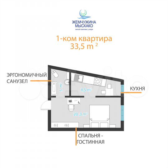 1-к. квартира, 33,5 м², 2/8 эт.