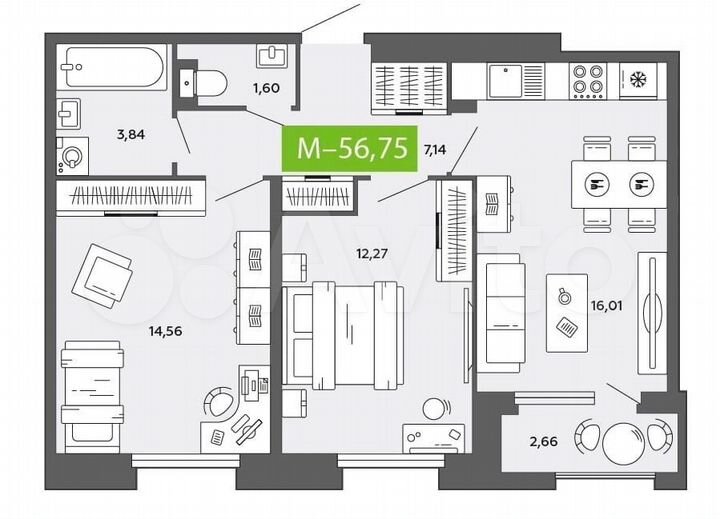 3-к. квартира, 56,8 м², 2/16 эт.