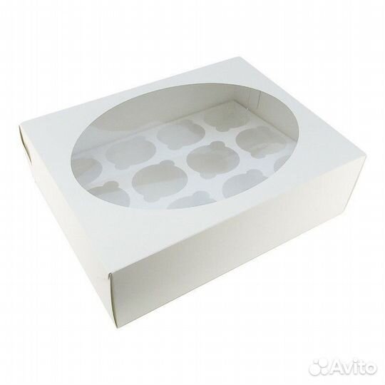 Коробка под 12 капкейков с круглым окном, белая