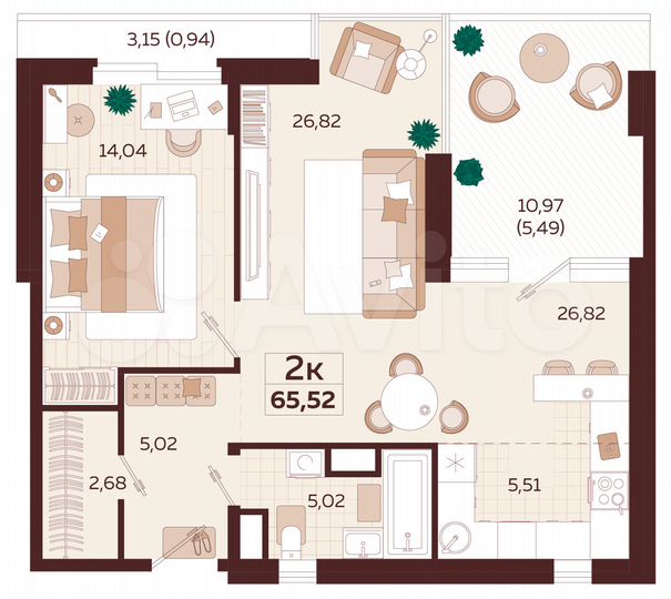 2-к. квартира, 65,5 м², 2/7 эт.