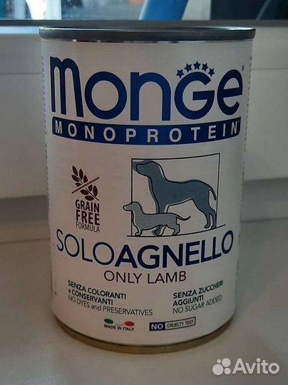 Влажный корм для собак Мonge soloagnello,400г, 4шт