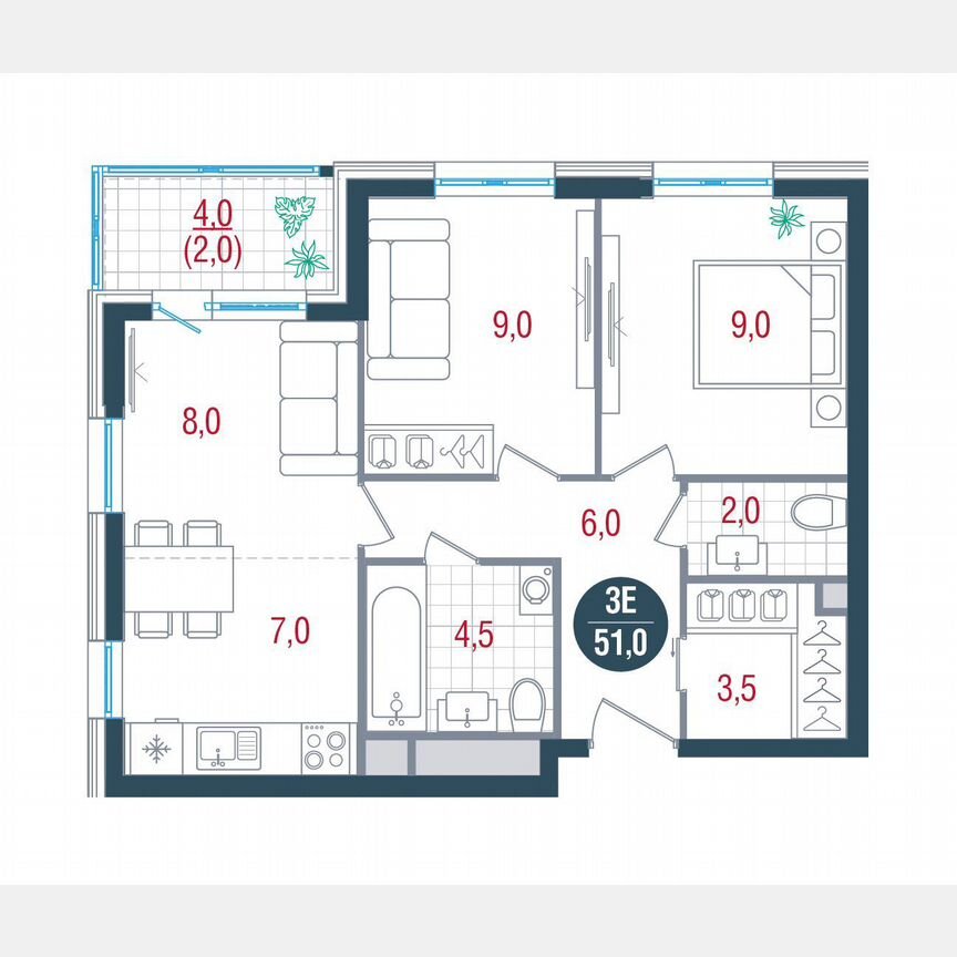 3-к. квартира, 51 м², 4/32 эт.