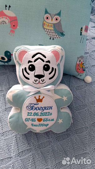 Тигренок с метрикой, именная игрушка, подушка