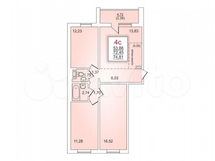 4-к. квартира, 72,6 м², 9/10 эт.