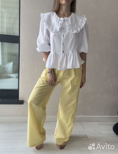 Брюки хлопковые в пижамном стиле желтые