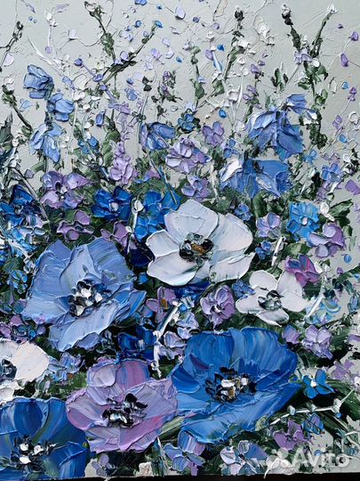 Картина маслом букет с лютиками сакура ромашки