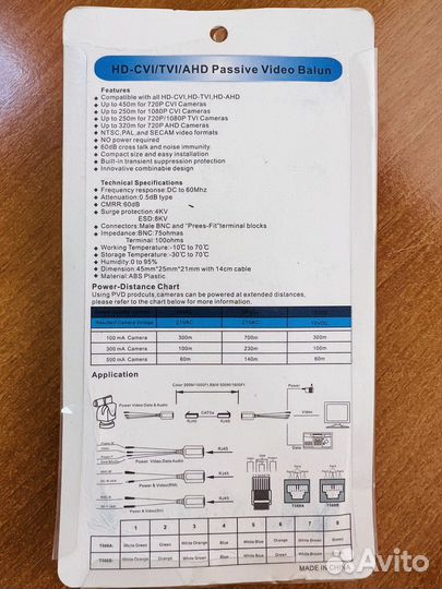 Видео балун RJ45 / BNC + DC + RCA