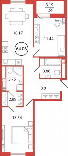 2-к. квартира, 64,1 м², 10/12 эт.