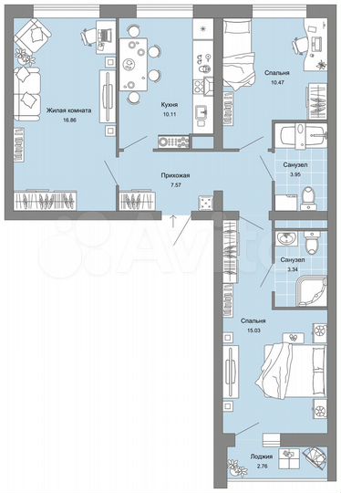 3-к. квартира, 69 м², 2/9 эт.