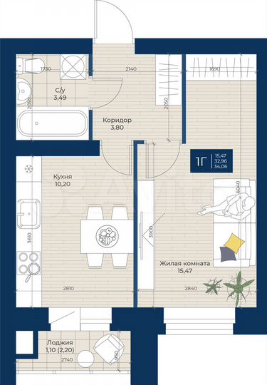 1-к. квартира, 34,1 м², 5/5 эт.