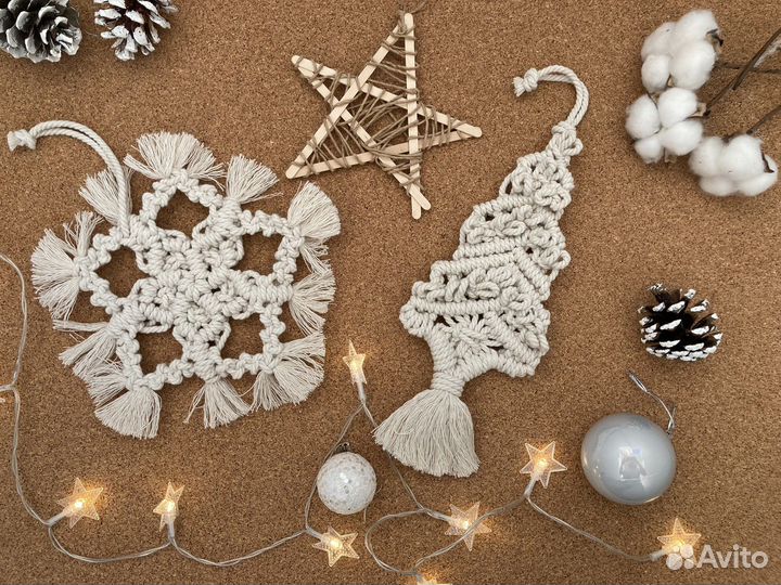 Елочные игрушки, декор макраме