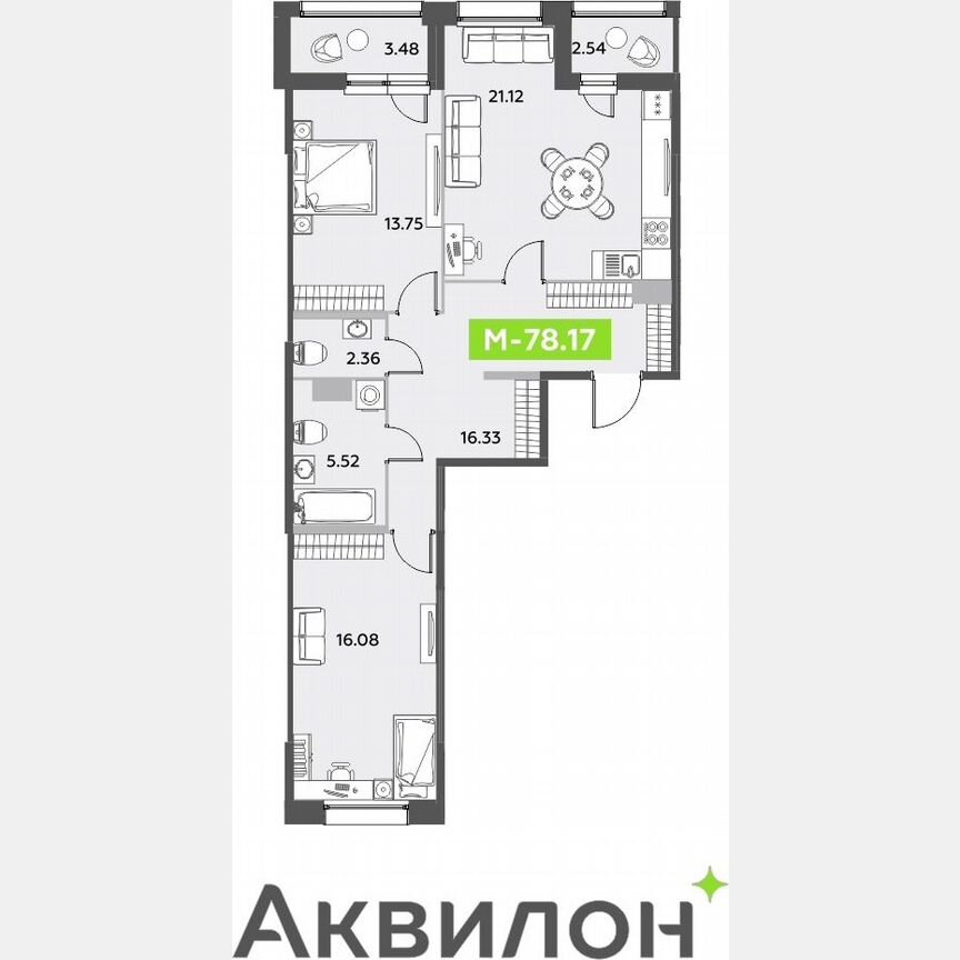 2-к. квартира, 78,2 м², 11/12 эт.