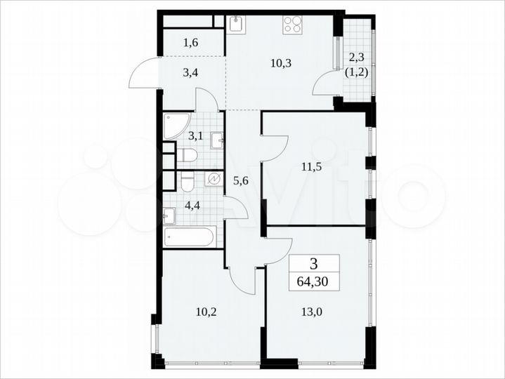 3-к. квартира, 64,3 м², 27/30 эт.