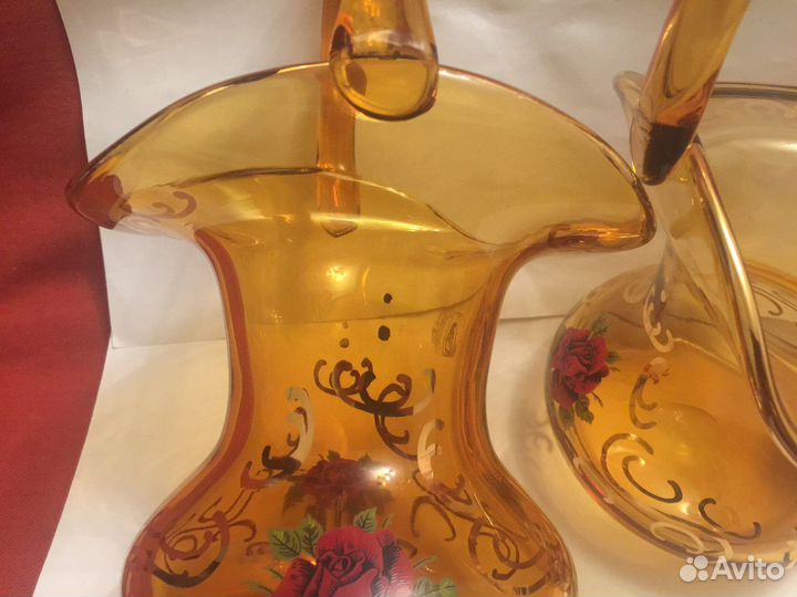 Ваза корзинка медовое стекло Чехословакия