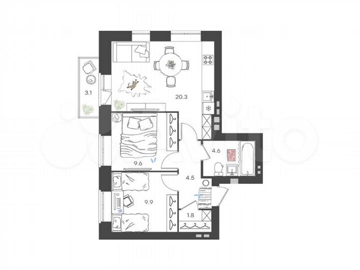 2-к. квартира, 51,6 м², 3/4 эт.