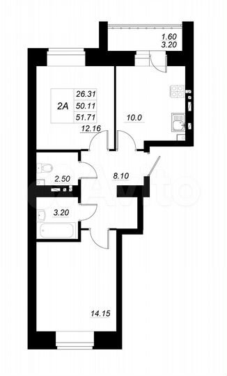 2-к. квартира, 51,7 м², 2/10 эт.